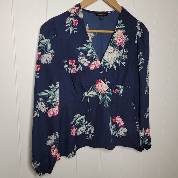 Banana Republic Womens Top Size Small Petite Blue Floral Boho Peplum - Picture 2 of 10